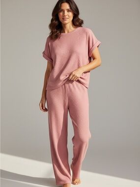 Zenana Waffle Knit Short-Sleeve pant Set in Dusty Rose size Large